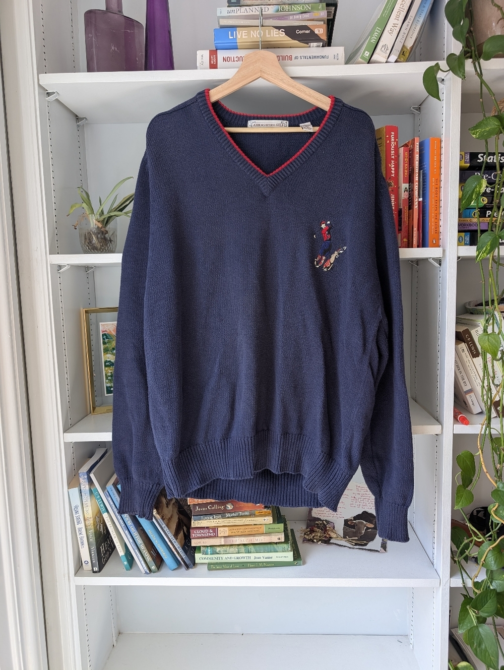 Vintage V-Neck Sweater Navy Red Trim Novelty Golf Embroidered Cotton Size XXL - Picture 7 of 8